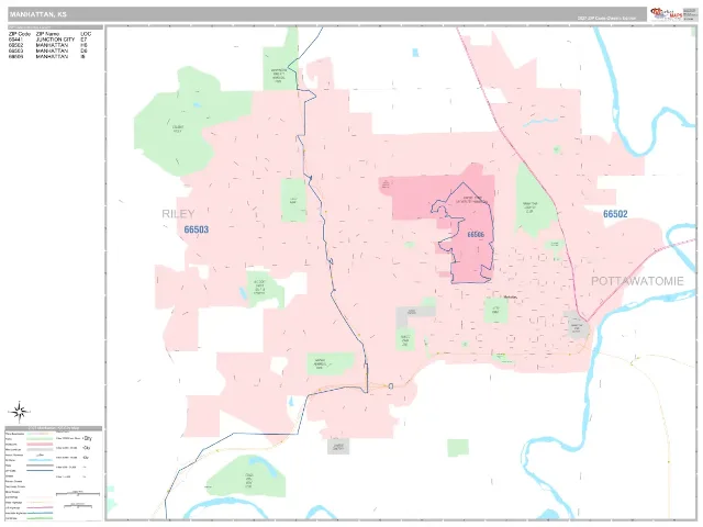 Manhattan, KS ZIP Code Wall Map, Classic style