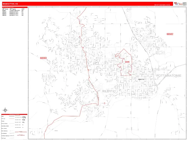 Manhattan, KS ZIP Code Wall Map, RedLine style