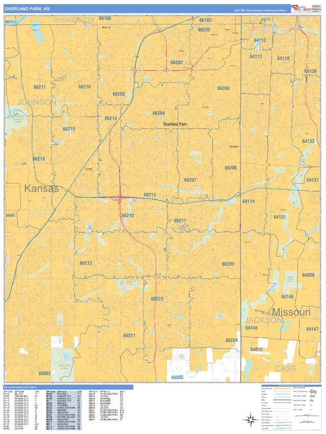 Overland Park, KS ZIP Code Wall Map, Business Reference style