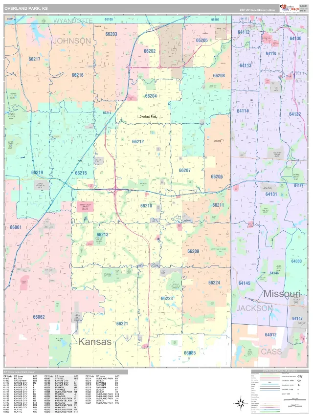 Overland Park, KS ZIP Code Wall Map, Classic style