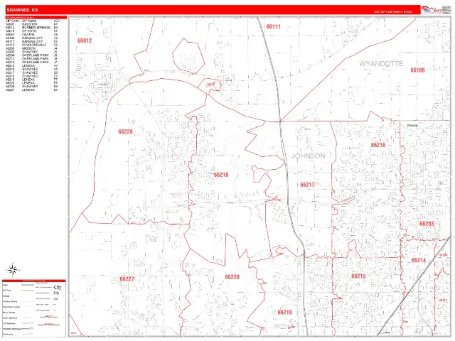 Shawnee, KS ZIP Code Wall Map, RedLine style