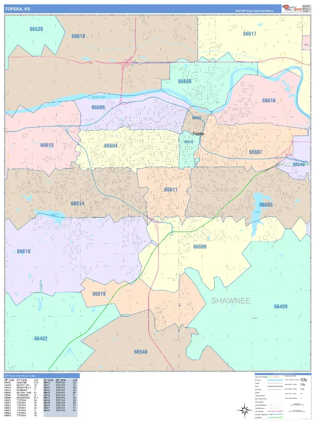 Topeka, KS ZIP Code Wall Map, ColorCast style