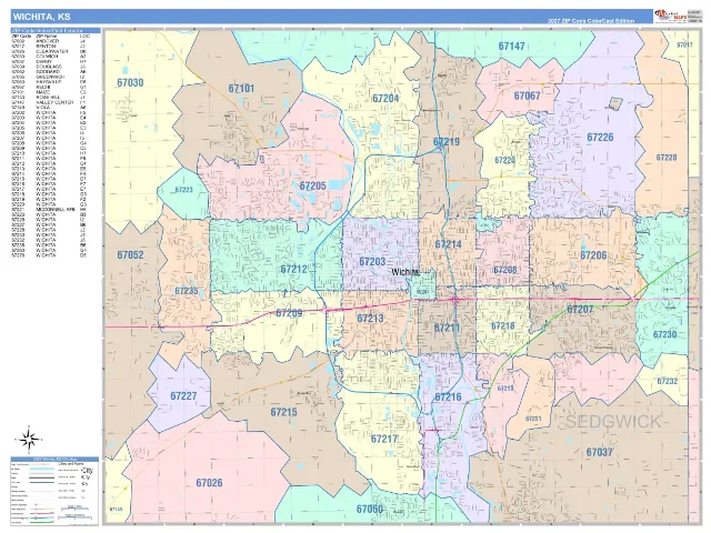Wichita, KS ZIP Code Wall Map, ColorCast style