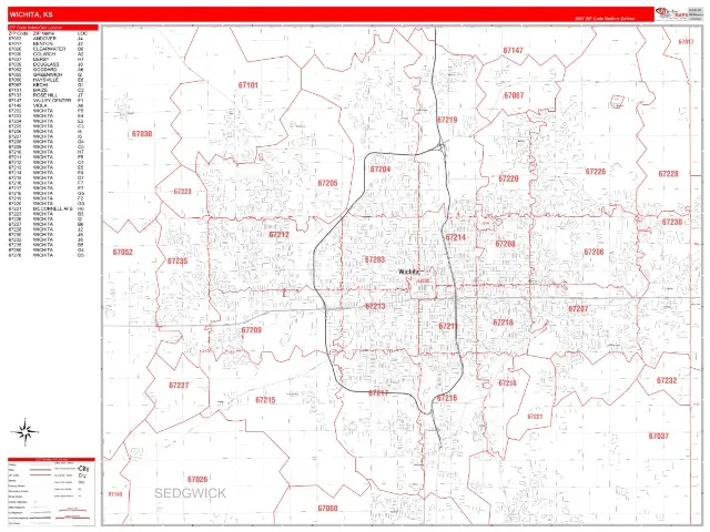Wichita, KS ZIP Code Wall Map, RedLine style