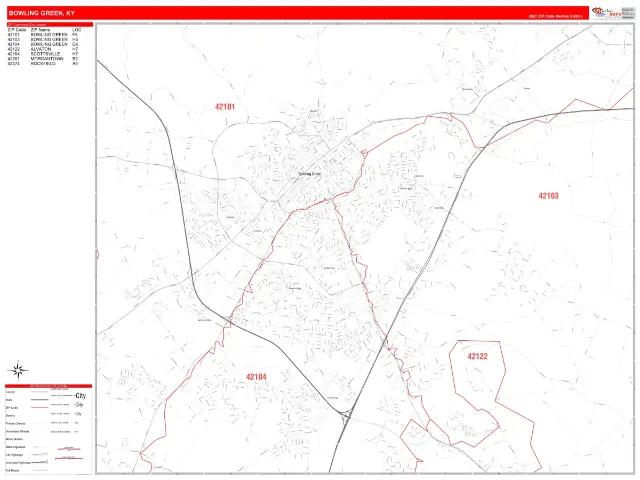Bowling Green, KY ZIP Code Wall Map, RedLine style