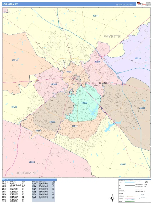 Lexington, KY ZIP Code Wall Map, ColorCast style