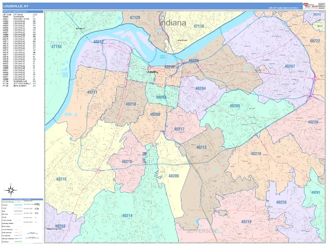 Louisville, KY ZIP Code Wall Map, ColorCast style