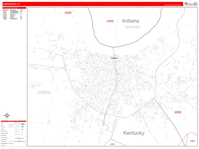 Owensboro, KY ZIP Code Wall Map, RedLine style