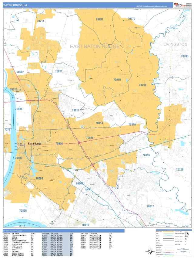 Baton Rouge, LA ZIP Code Wall Map, Business Reference style