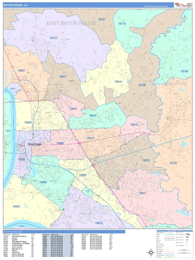 Baton Rouge, LA ZIP Code Wall Map, ColorCast style