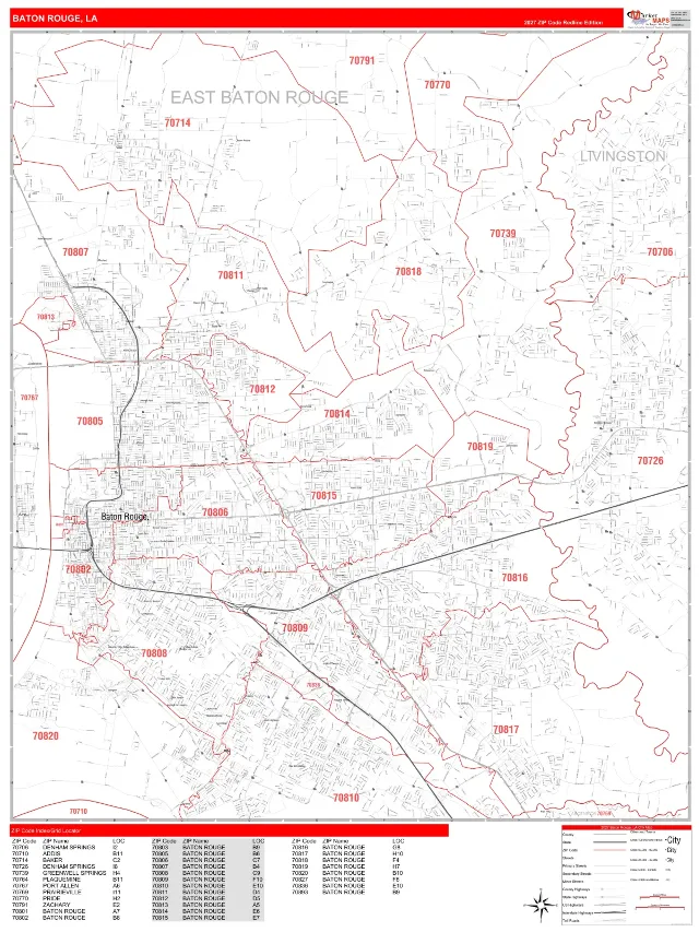 Baton Rouge, LA ZIP Code Wall Map, RedLine style