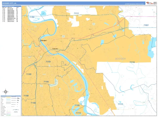 Bossier City, LA ZIP Code Wall Map, Business Reference style
