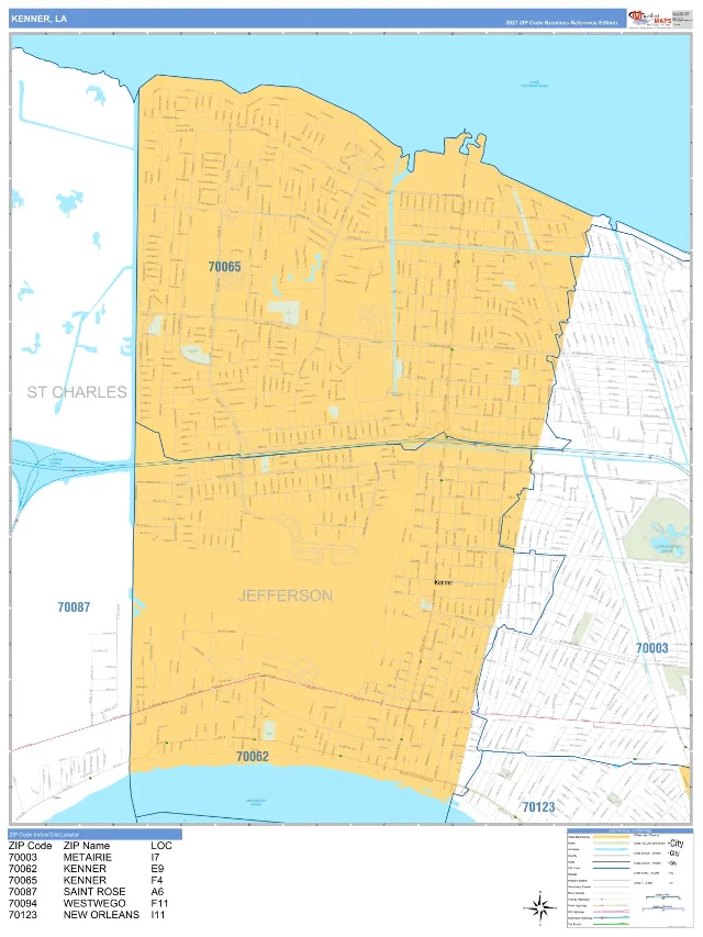 Kenner, LA ZIP Code Wall Map, Business Reference style