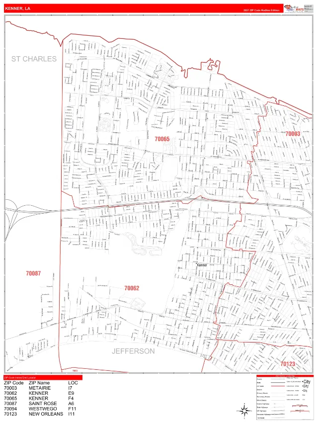 Kenner, LA ZIP Code Wall Map, RedLine style
