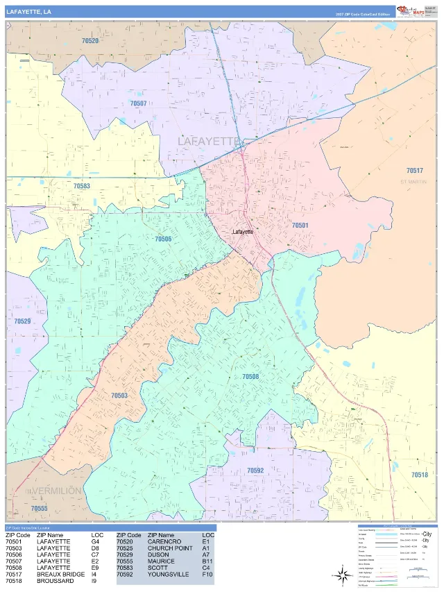 Lafayette, LA ZIP Code Wall Map, ColorCast style