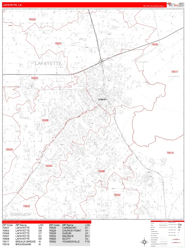 Lafayette, LA ZIP Code Wall Map, RedLine style