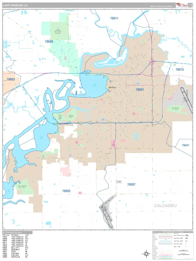 Lake Charles, LA ZIP Code Wall Map, Classic style