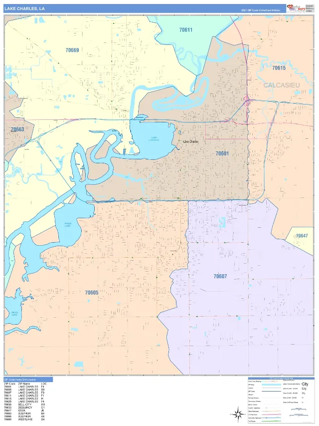 Lake Charles, LA ZIP Code Wall Map, ColorCast style