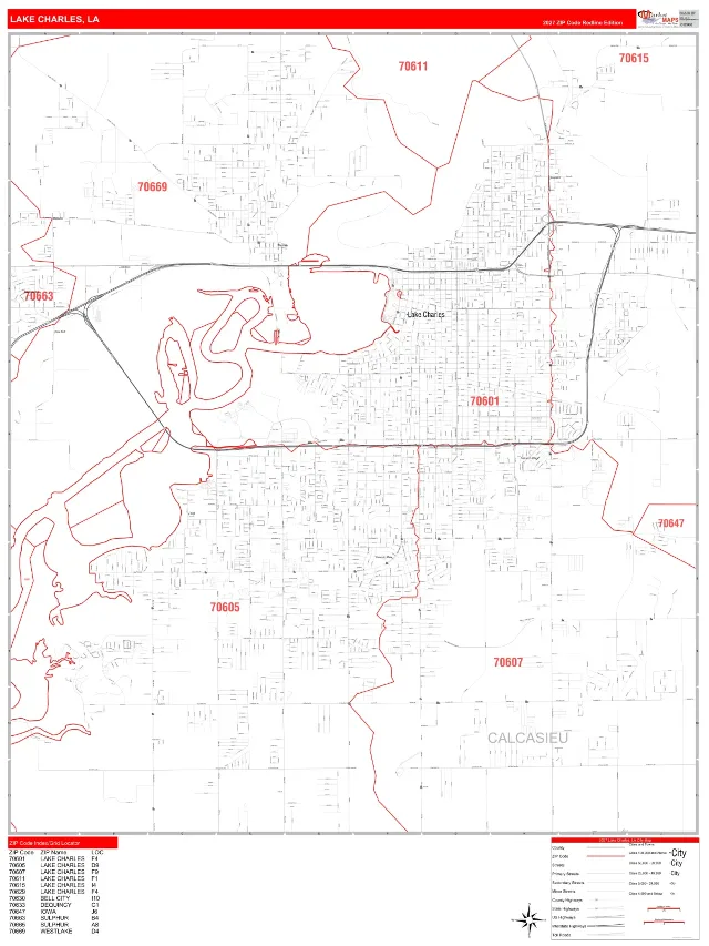Lake Charles, LA ZIP Code Wall Map, RedLine style