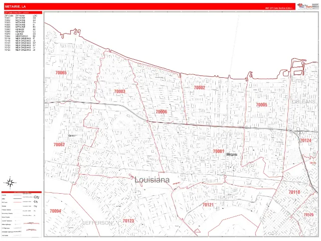 Metairie, LA ZIP Code Wall Map, RedLine style