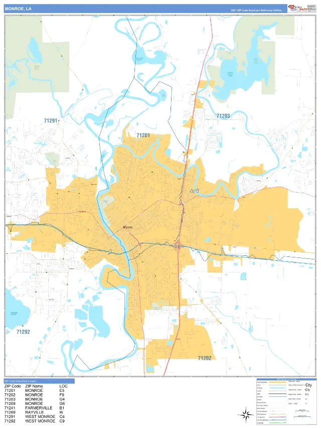 Monroe, LA ZIP Code Wall Map, Business Reference style