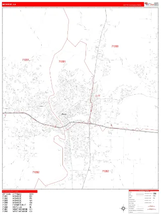 Monroe, LA RedLine style ZIP Code wall map