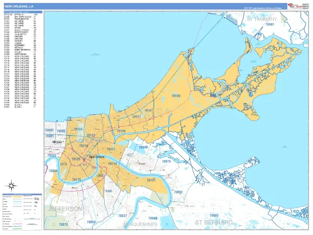 New Orleans, LA ZIP Code Wall Map, Business Reference style