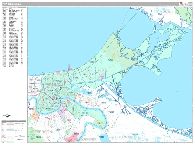 New Orleans, LA ZIP Code Wall Map, Classic style