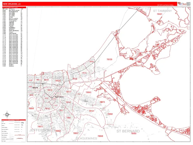 New Orleans, LA ZIP Code Wall Map, RedLine style