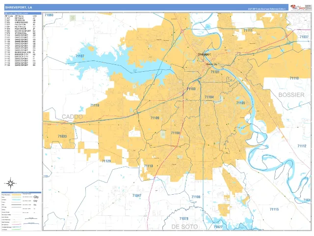 Shreveport, LA ZIP Code Wall Map, Business Reference style