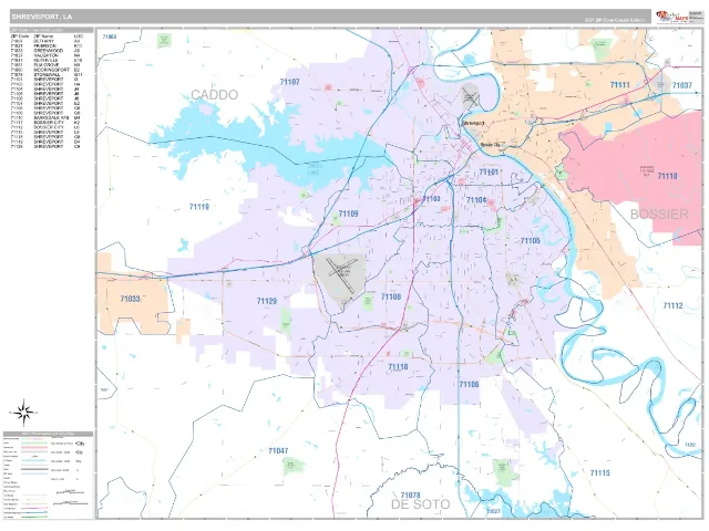 Shreveport, LA ZIP Code Wall Map, Classic style