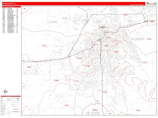 Shreveport, LA RedLine style ZIP Code wall map