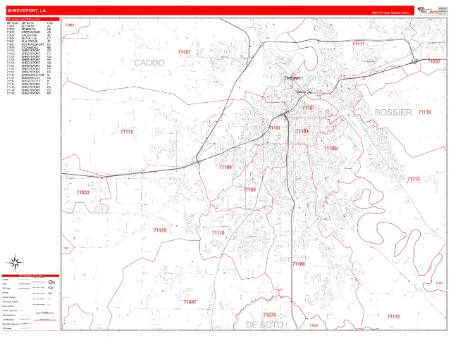 Shreveport, LA ZIP Code Wall Map, RedLine style