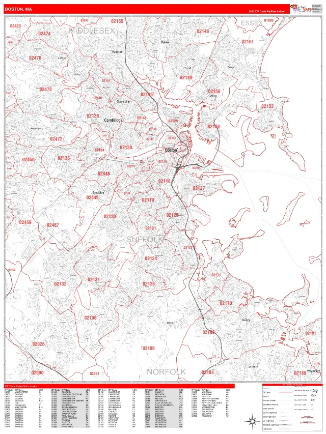 Boston, MA ZIP Code Wall Map, RedLine style