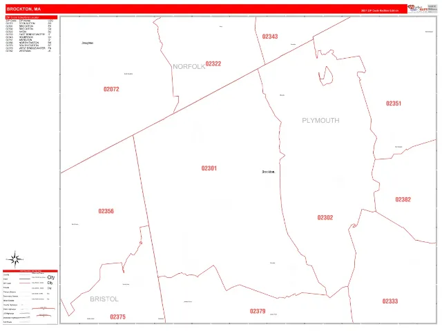 Brockton, MA ZIP Code Wall Map, RedLine style