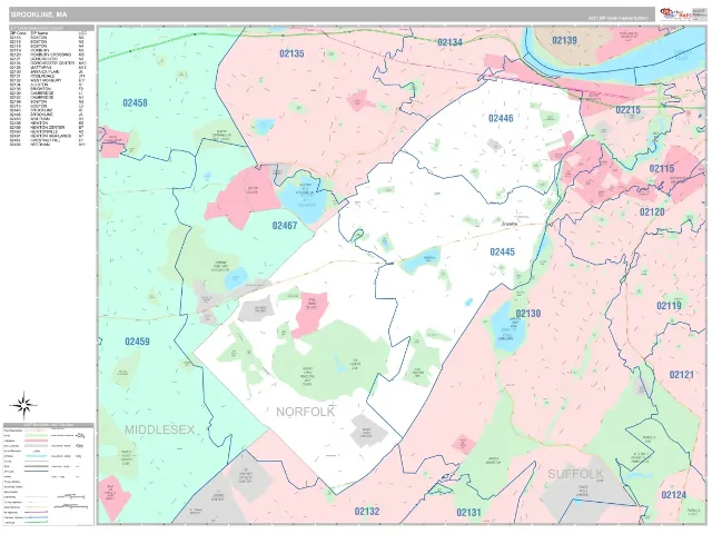 Brookline, MA ZIP Code Wall Map, Classic style