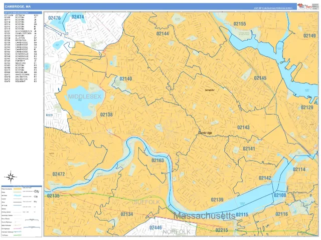 Cambridge, MA ZIP Code Wall Map, Business Reference style