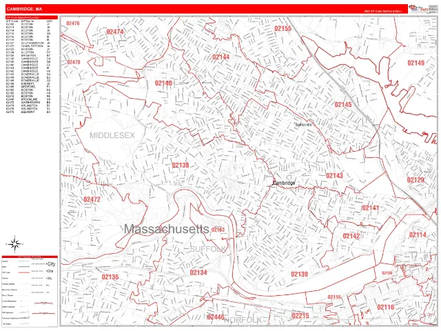 Cambridge, MA ZIP Code Wall Map, RedLine style