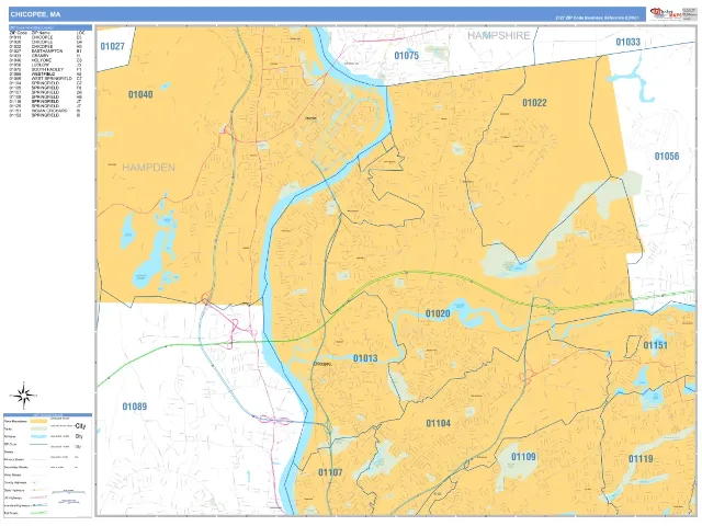 Chicopee, MA ZIP Code Wall Map, Business Reference style