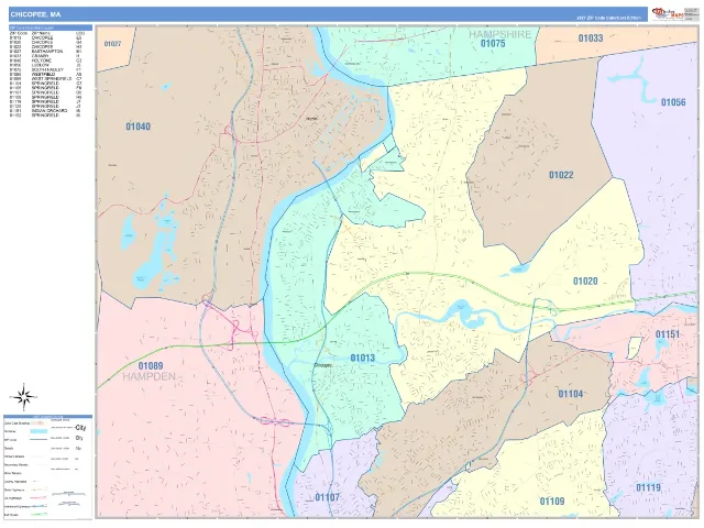 Chicopee, MA ZIP Code Wall Map, ColorCast style