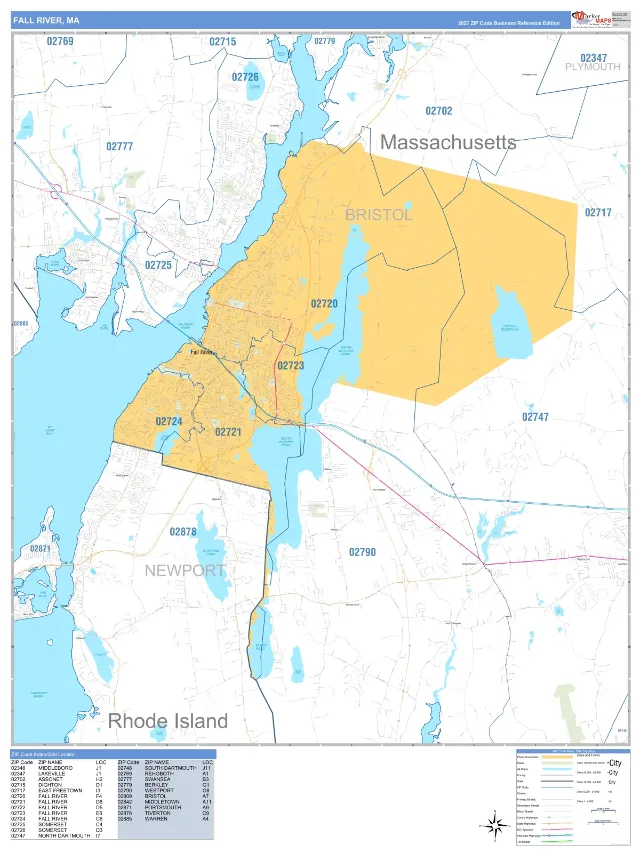 Fall River, MA ZIP Code Wall Map, Business Reference style