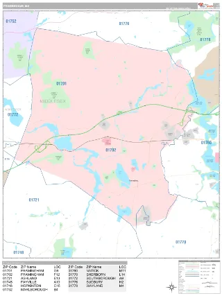 Framingham, MA Classic style ZIP Code wall map