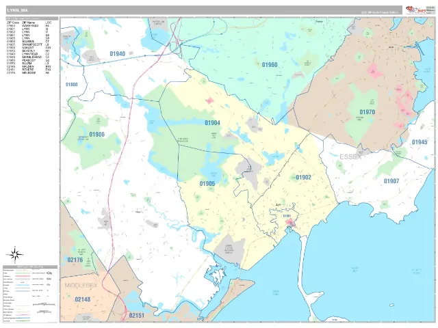Lynn, MA ZIP Code Wall Map, Classic style