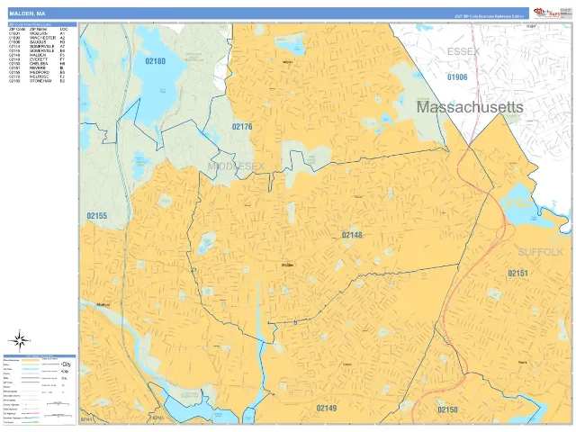 Malden, MA ZIP Code Wall Map, Business Reference style
