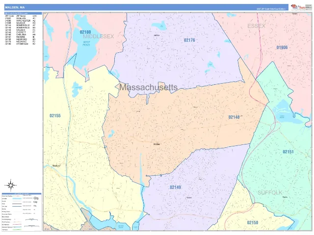 Malden, MA ZIP Code Wall Map, ColorCast style