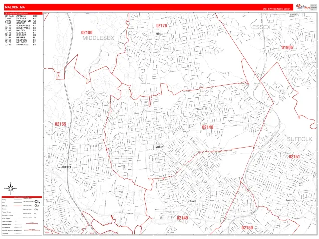 Malden, MA ZIP Code Wall Map, RedLine style