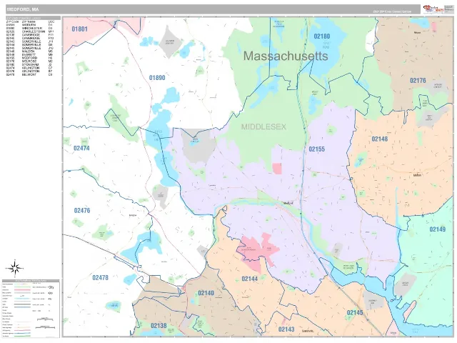Medford, MA ZIP Code Wall Map, Classic style