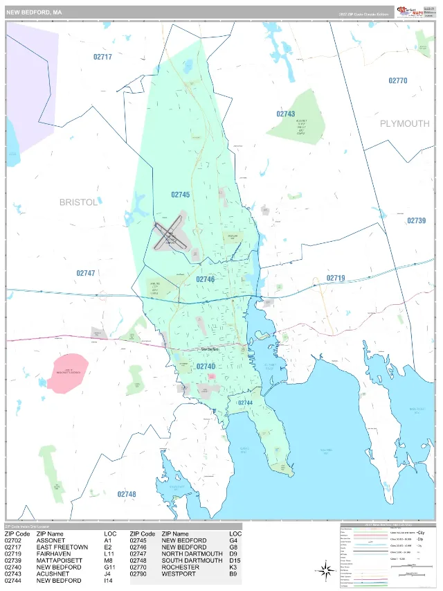 New Bedford, MA ZIP Code Wall Map, Classic style