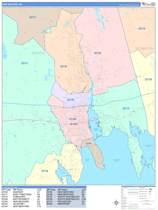 New Bedford, MA ZIP Code Wall Map, ColorCast style