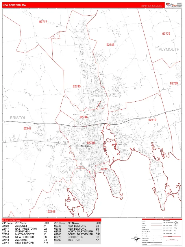 New Bedford, MA ZIP Code Wall Map, RedLine style